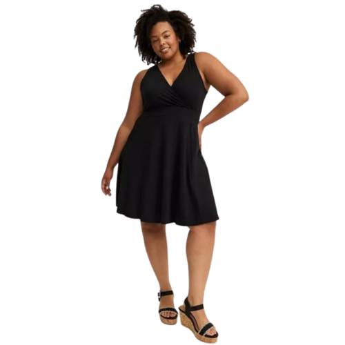 Dress Giving A Feminine Silhouette And Side Pockets (Solid Black Color)(Pre Shrunk)
