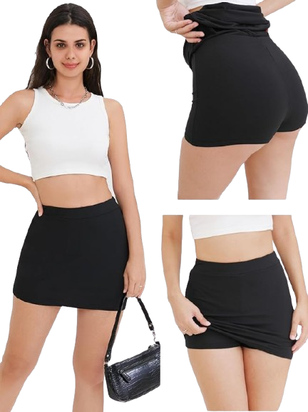 Stretchy Skirt With Built In Shorts (Solid Black or White Color)(Pre Shrunk)