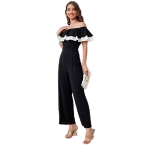 Jumpsuit Giving A Feminine Silhouette And Side Pockets (Solid Black And White Color)(Pre Shrunk)